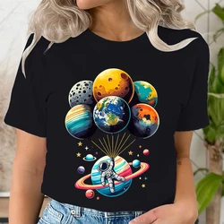 Women's Clothing Printed T-shirt Space Astronaut Solar System Astronaut Holding Planet Balloons Space Shirt Round Neck Funny Top