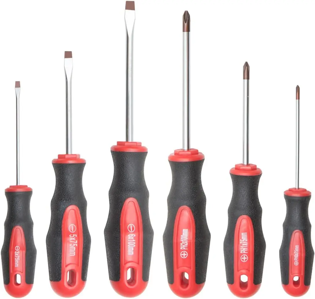 

6PCS Magnetic Tip Screwdriver Set, 3 Phillips & 3 Flat, Red Gloss S2 Steel