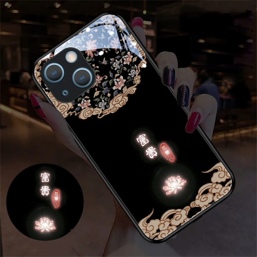 

Wealth And Prosperity Sound Control LED Flash Cases Luminous Glass Cover For iPhone 16 15 14 13 12 11 Pro Max X XS XR Plus