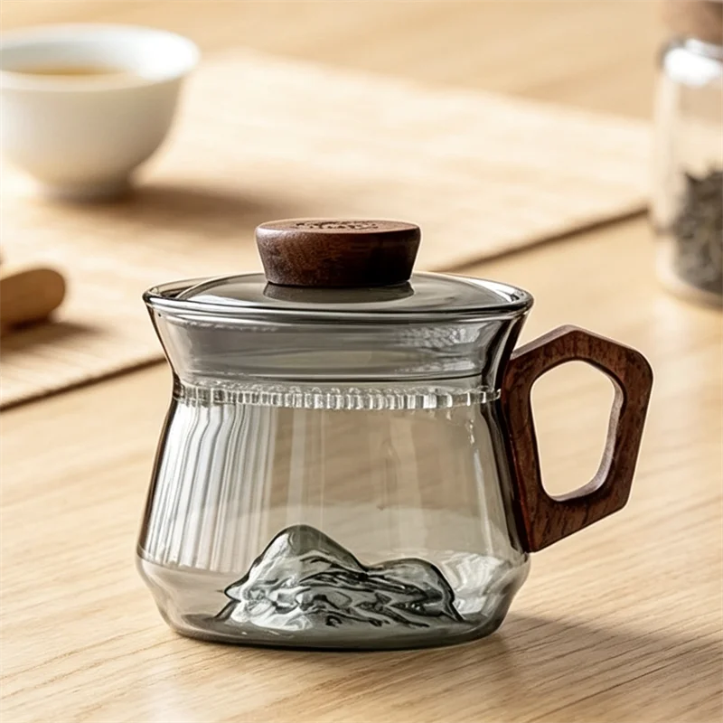 230ml Heat resistant Glass Tea Cup Wooden Handle With Lid Mountain View Bottom Teacup Crescent Filter for Loose Leaf Tea Maker