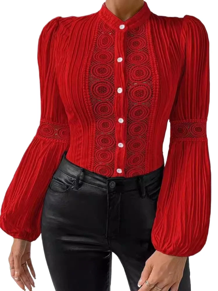 

Модные однотонные кружевные лоскутные рубашки, женские модные сексуальные открытые рубашки с длинным рукавом, тонкие рубашки, блузки, женские весенние новые