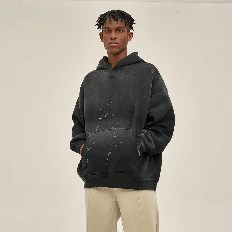 Street Wear gesprenkelte Tinte gerieben Kapuzen pullover mit Kapuze Mode Sinn Distressed Wintermantel Herren und Damen Baggy Wasch kleidung – Detail 4