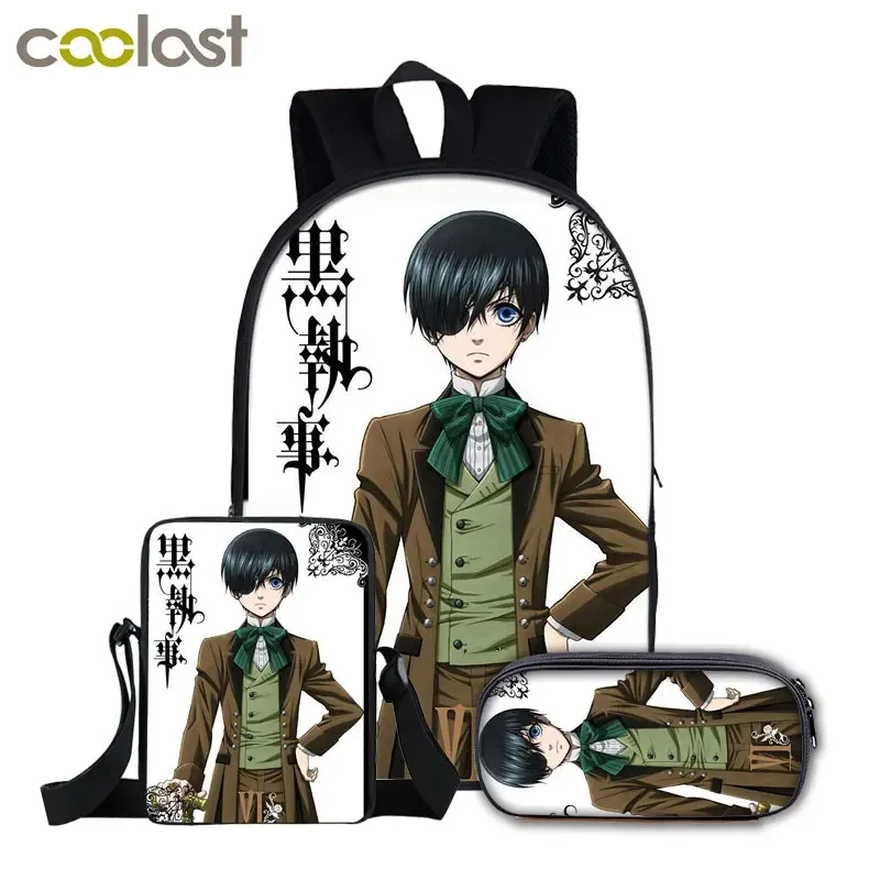 3D Print School Bags for Laptop, Harajuku, Japan, Black Butler, Backpack, Backpack, Tilt Shoulder Bag, Pencil Case, 3 Pieces per