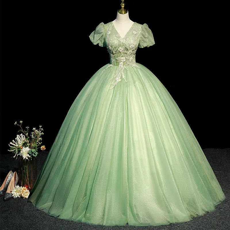 Glitter Sage Green Quinceanera Dress V Neck Tulle Sequined Appliques Beading Corset Sweet 15 Vestidos De Quinceañera Ball Gowns