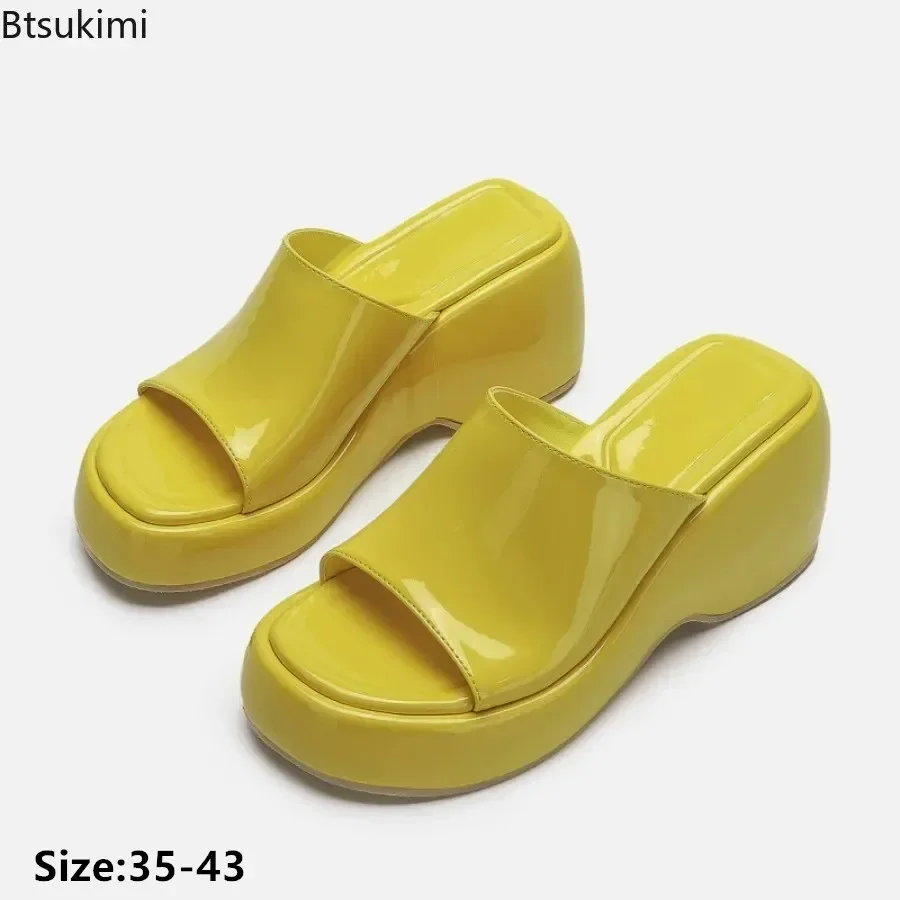 

2025 Women's Platform Wedges Heeled Sandals Casual Beach Shoes For Women Faux Patent Summer Slip On Slides Lady Slippers 35-43