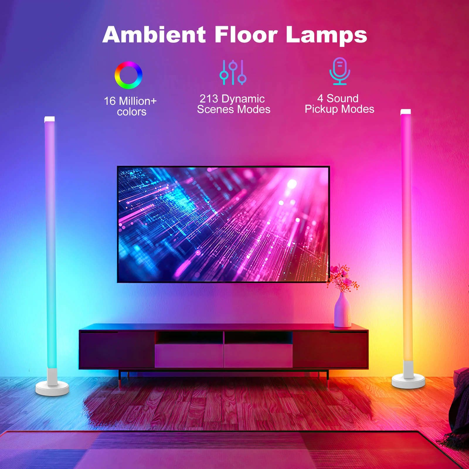 

Corner Floor Lamp with Music Sync – 16 Million Color Changing LED Standing Light,DIY Adjustable Ambient Mood Lighting for parlor
