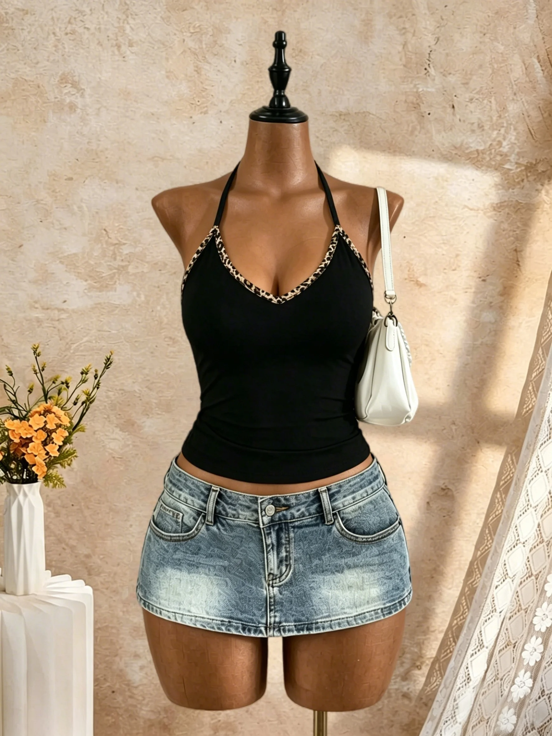Damen Neckholder V-Ausschnitt Camisole mit Leopardenmuster-Besatz Figurbetontes Tanktop 2026 Sommer Y2K Ausgeh-Club Streetwear Oberteile