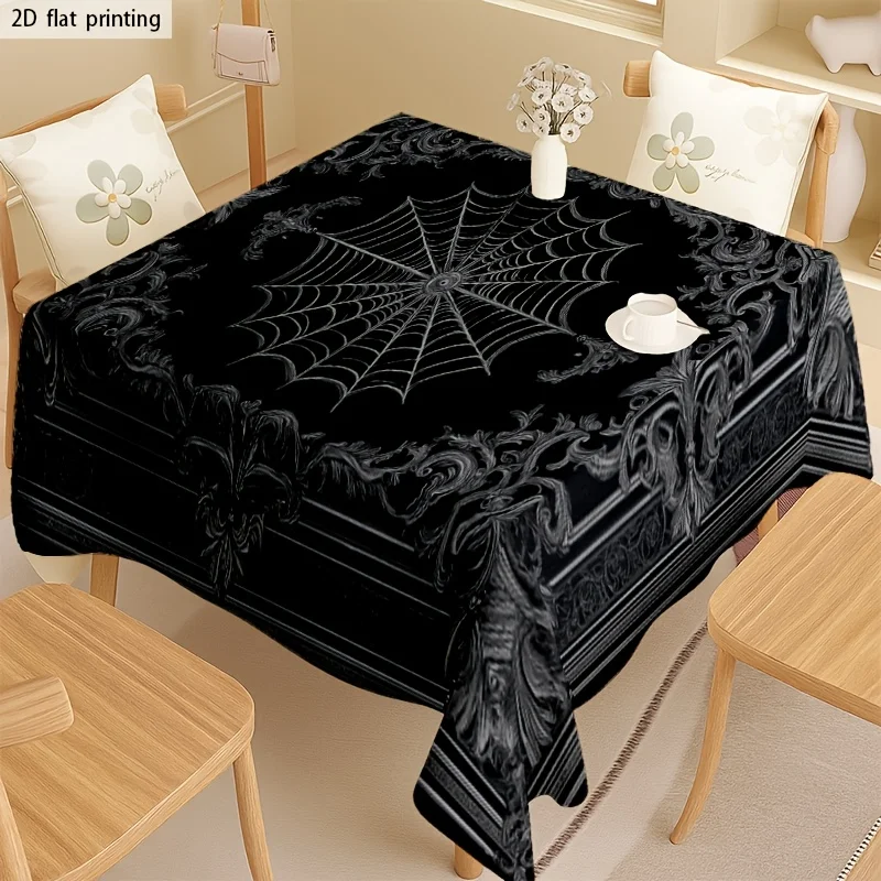 [JIT] 1pc 2D Flat rectangular tablecloth, square tablecloth, soft and stylish black spider web pattern and Baroque scroll design