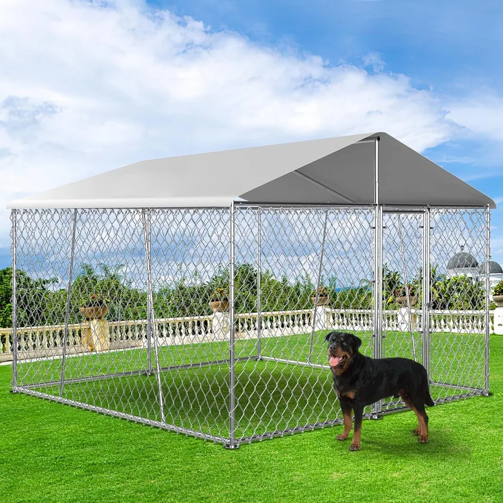 

10×10FT Outdoor Dog Kennel with Cover Roof, Extra Large Dog Run House Pen Enclosure with Side Rod, Heavy Duty Chain