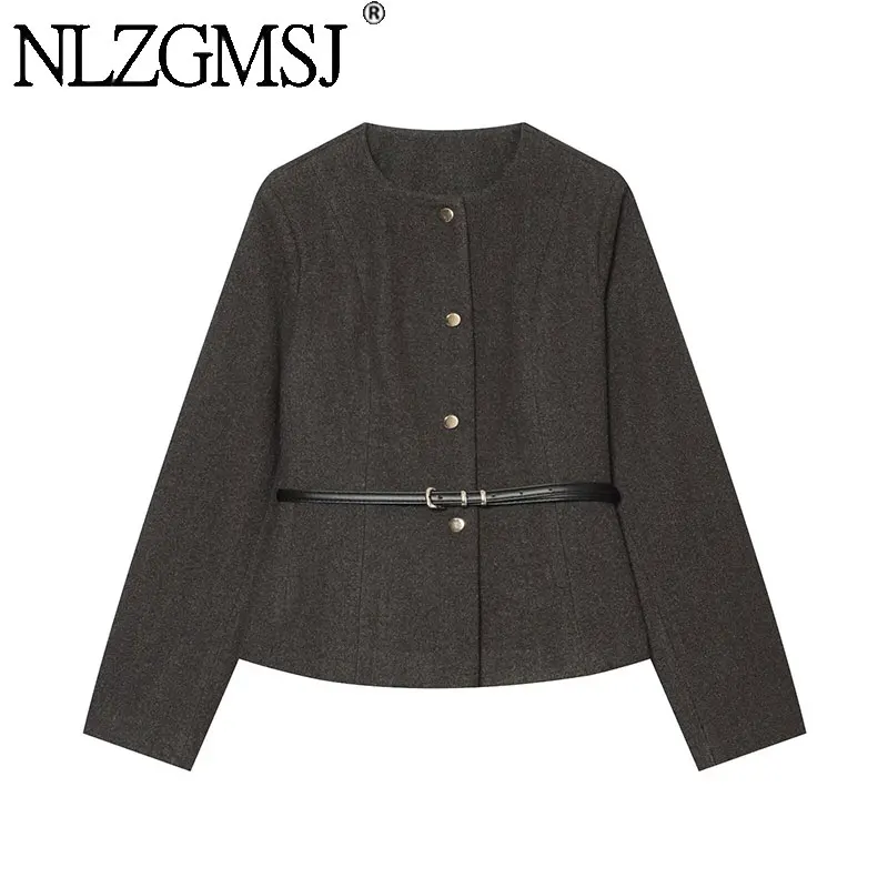 Nlzgmsj 2026 Autumn Women Round Neck Short Jacket Single Breasted Slim Fitted Coat With Waist Belt Elegant Office Lady Outerwear