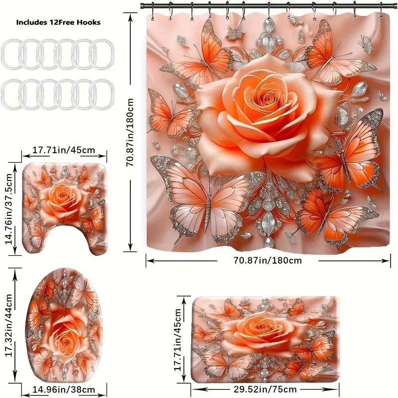 4pcs, Orange rose exquisite butterfly pattern, Apartment bathroom Shower Room shower curtain, hotel shower curtain set with