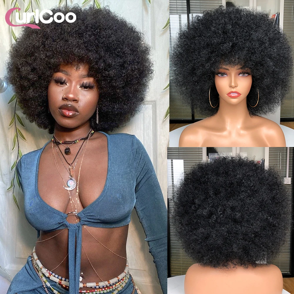 Afro Kinky Curly Wigs With Bangs For Women Short Synthetic Hair Wigs Omber Blue blackpink Cosplay Wig High Temperature
