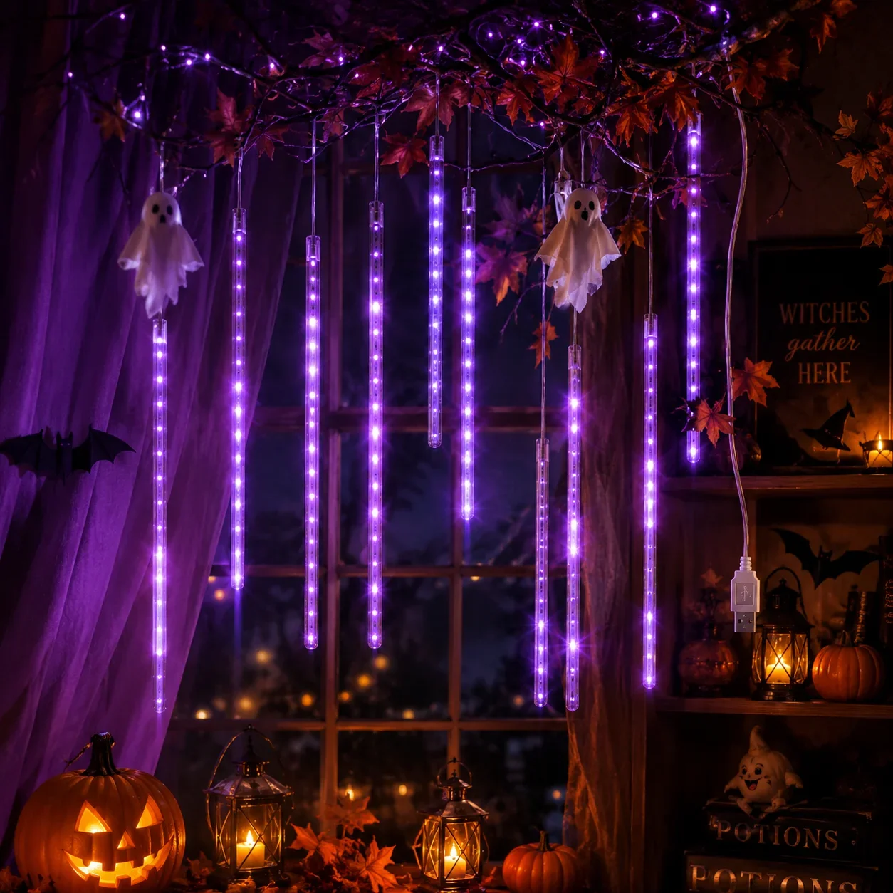 Meteor Shower Lights Falling Rain LED Tube String Lights USB Green Purple Warm White Blue for Window Tree Party Halloween Decor