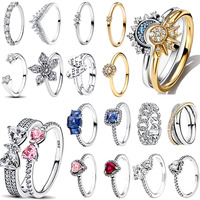 Original 925 Sterling Silver Rings For Women Flower Crown Love Heart Sun Moon Engagement Wedding Pink Bow Ring Luxury Jewelry