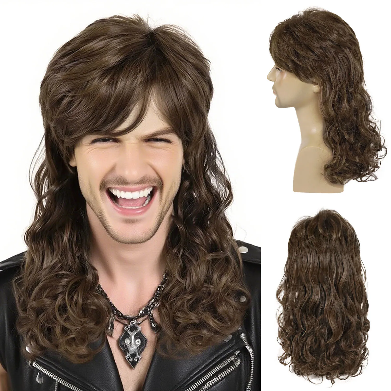 

Synthetic Long Curly Mullet Wigs for Men Brown Retro 70s 80s Disco Rocker Fancy Party Halloween Cosplay Costume Replacement Wig