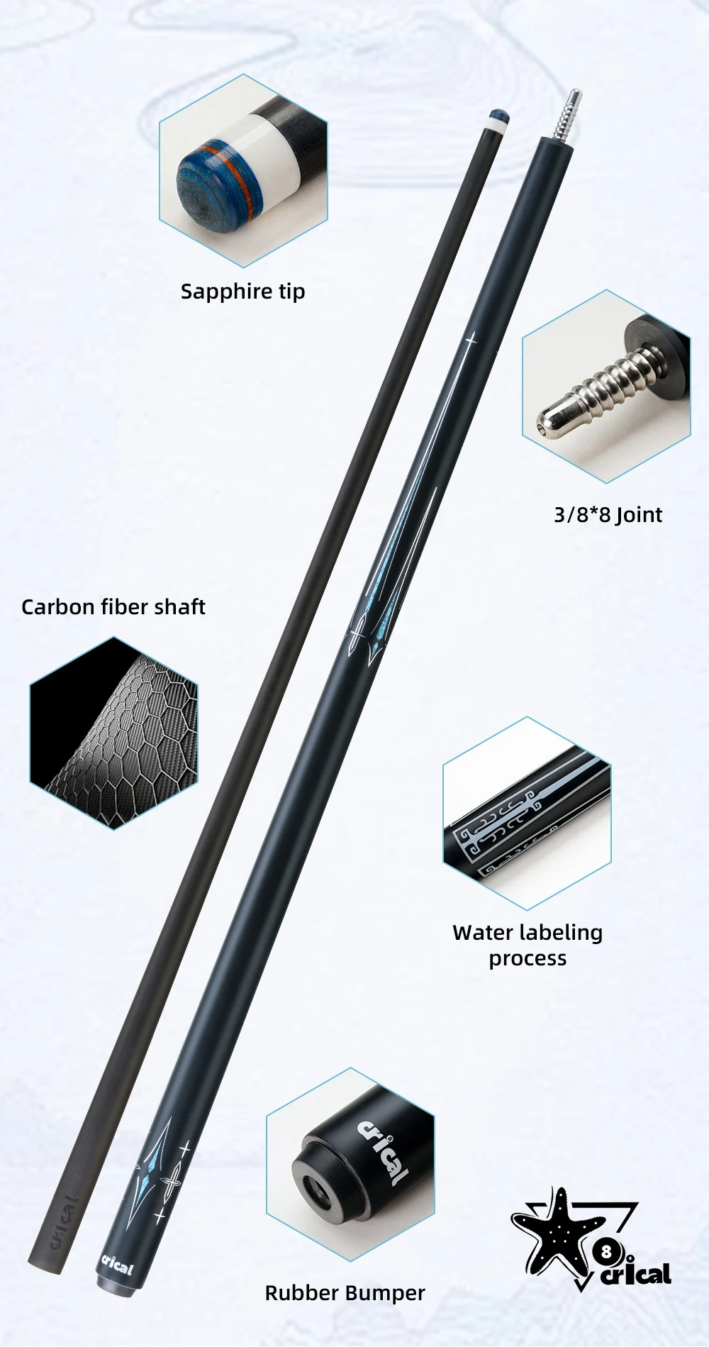 Matt-Schwarzer Billardqueue aus Kohlefaser, geringe Abweichung, 12,5 mm Saphirspitze, 3/8x8 XTC, 58 Zoll, 19-20 oz, Billard CRICAL – Detail 4