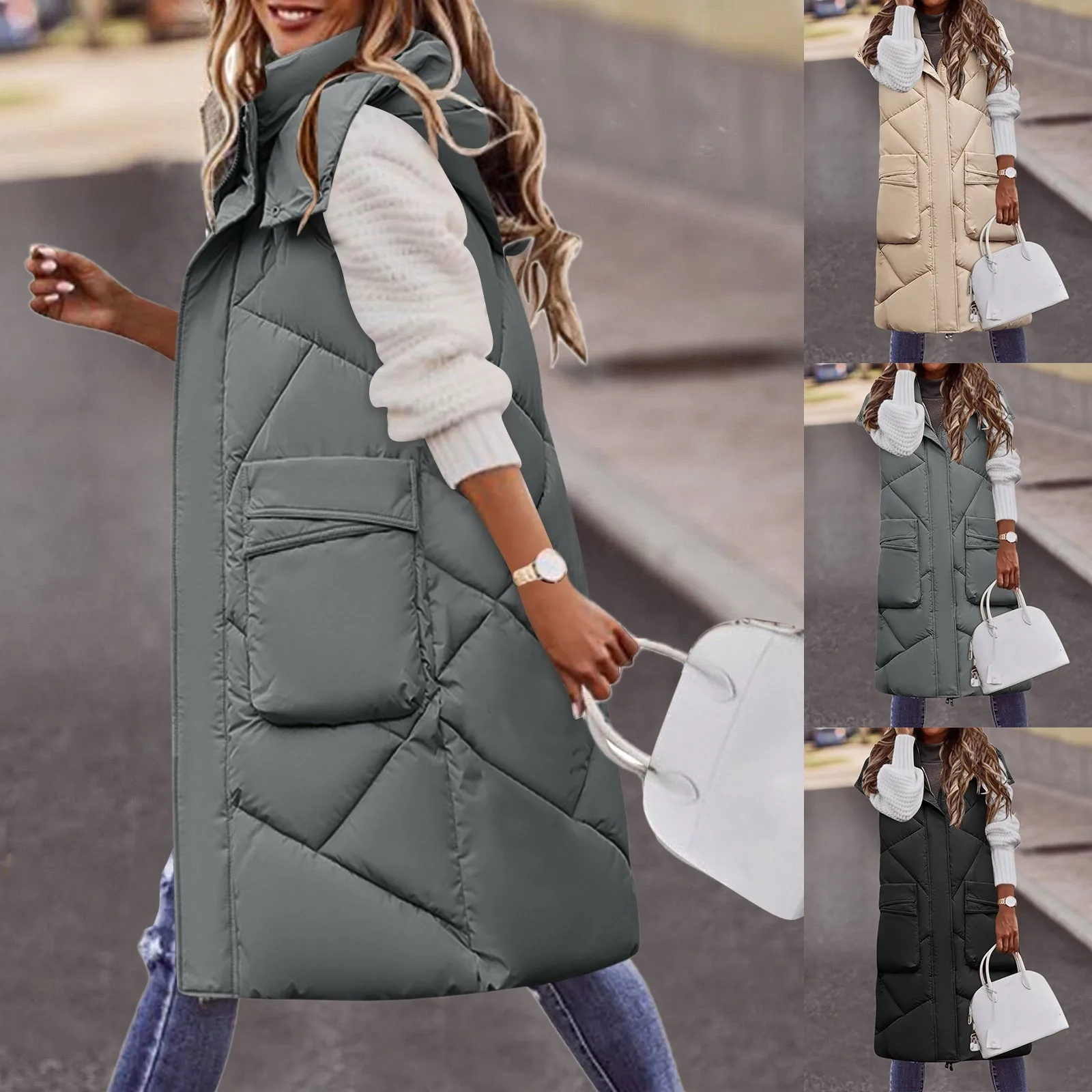 Oversized Down Vests Women's Outdoor Coats Hooded Long Puffy Vests Winter Coats Sleeveless Dress Vest for Women Coats Women