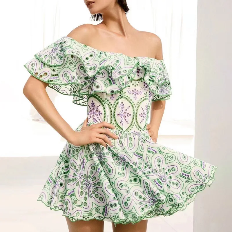 Woman's Dress Summer High-End Off-Shoulder Ruffle Embroidered Waist Slimming Vacation Style Dress Short Skirt Elegant Beachdress
