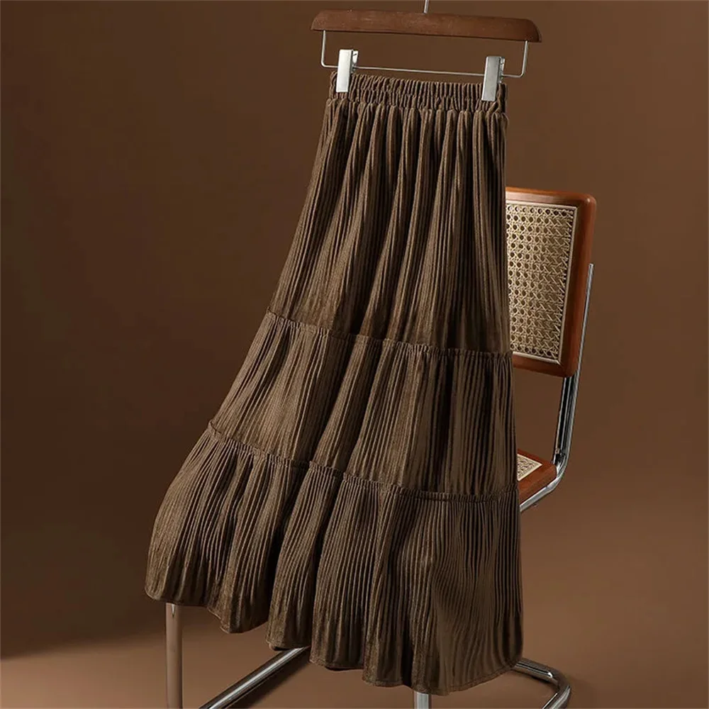 

Solid Color Vintage Long Velvet Pleated Skirt Women 2026 New spring Autumn Winter Fashion Lady High Waist A Line Skirt Female ﻿