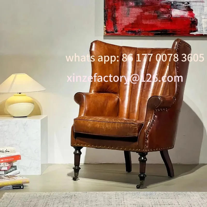 

Customizable Classic mid-century style single sofa chair, retro oil wax genuine leather tiger chair, villa old single chair