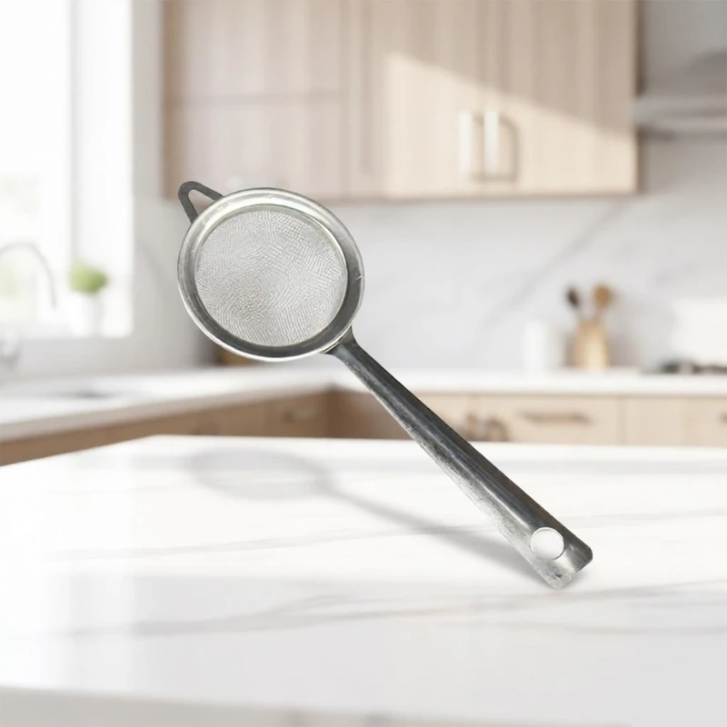 Fine Screen Kitchen Strainer, 201 Metal Hand Tool with Long Handle, 2 Piece Set for Straining Cooking Oil, Broth, Tea and Small