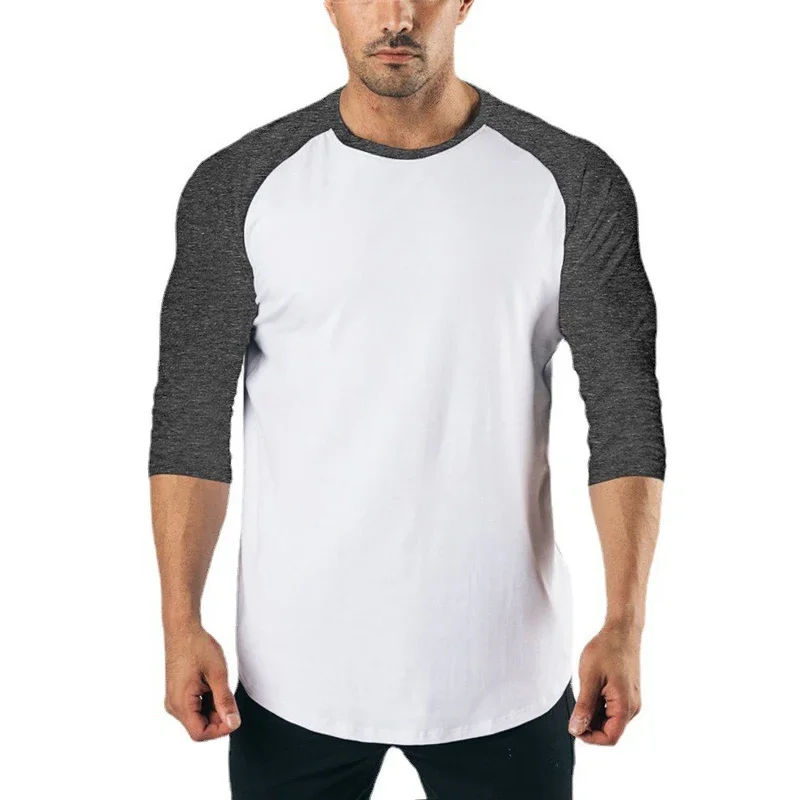 Zwykła koszulka fitness z rękawami trzy czwarte męska odzież treningowa bawełniana oddychająca koszulka Slim Fit siłownia kulturystyka topy umięśnione — zdjęcie 4