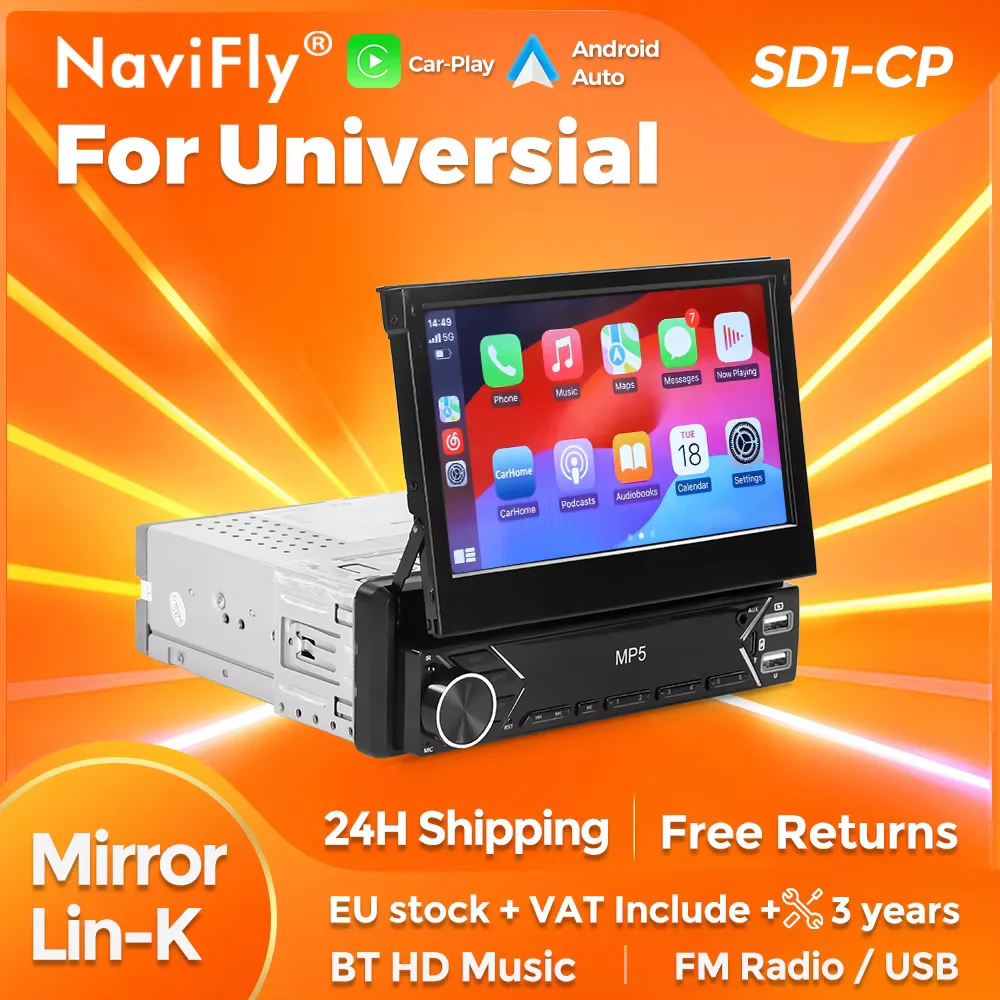 NaviFly For Universal 7inch HD Retractable Touch Screen Android Auto Wireless Carplay Car Radio With In BT/ USB / TF card / FM