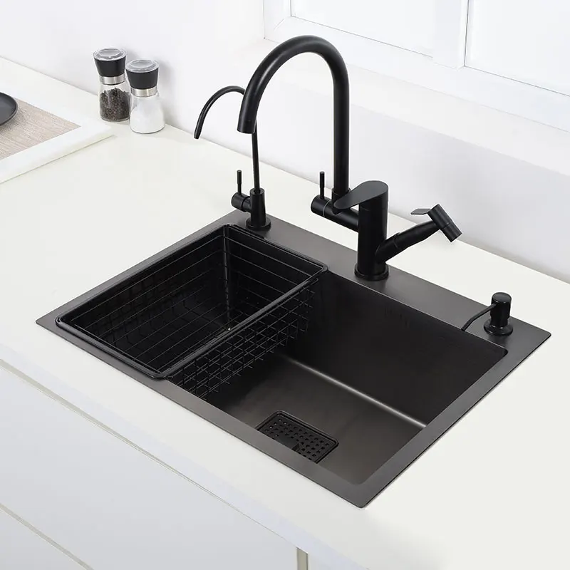 Black sink kitchen single   vegetable washing basin black stainless steel pia    drainer