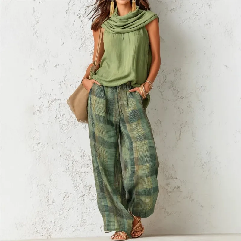 Nouvel ensemble pantalon femme été 2026 – Décontracté, ample, tendance, confortable et polyvalent – Haut uni avec pantalon large à carreaux