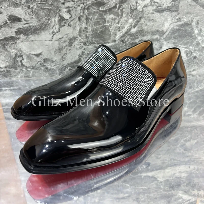 New Rhinestone Black Leather Shoes Glossy Small Square Toe Loafers Business Dress Men\'s Leather Shoes Formal Wedding Shoes