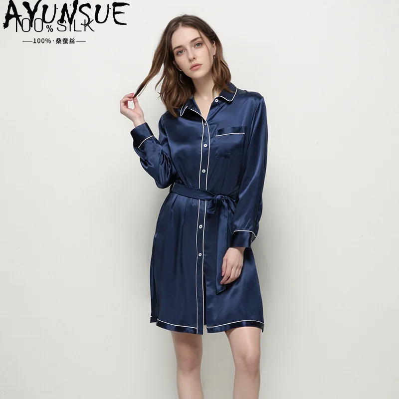 AYUNSUE 100% Silk Night Shirt Dresses for Woman Long Sleeve Pajamas for Women Solid Color Nightgowns High Quality Пижама Женская