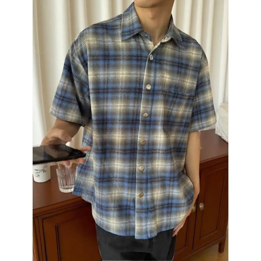 

Summer American Retro Contrast Color Plaid ort Sve Casual Loose Men's irt Women's Sle f Sve irt Trendy