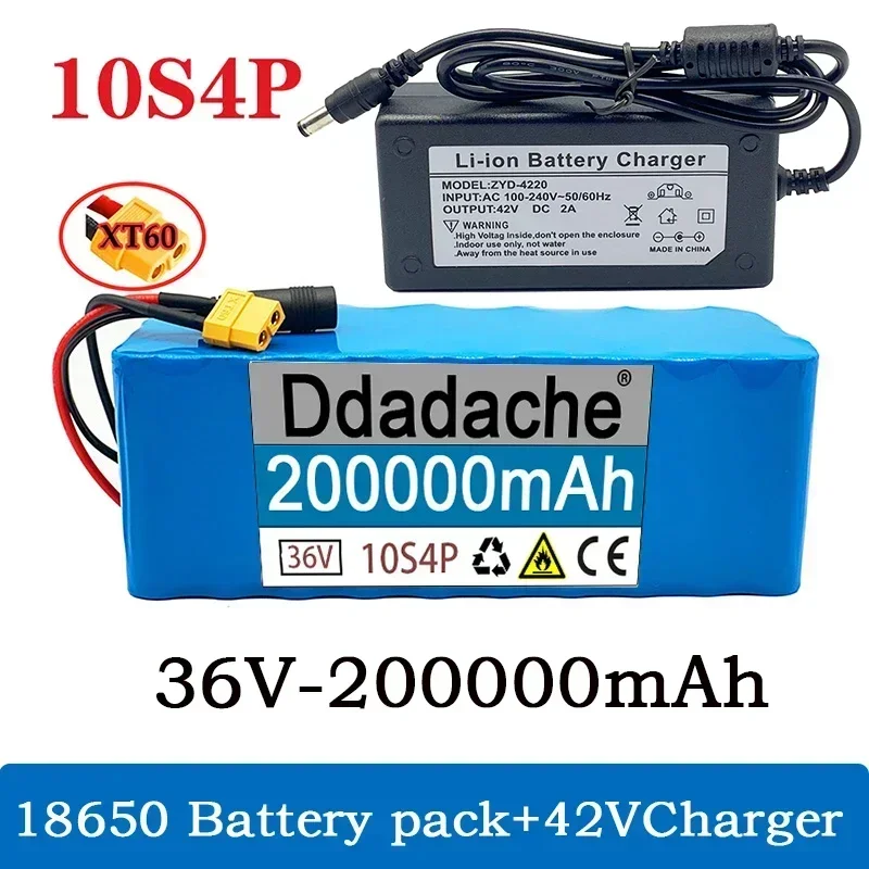 New 10s4p 36V 200Ah 100% original 20000W large capacity 18650 lithium battery pack motor equipment with BMS XT60 plug