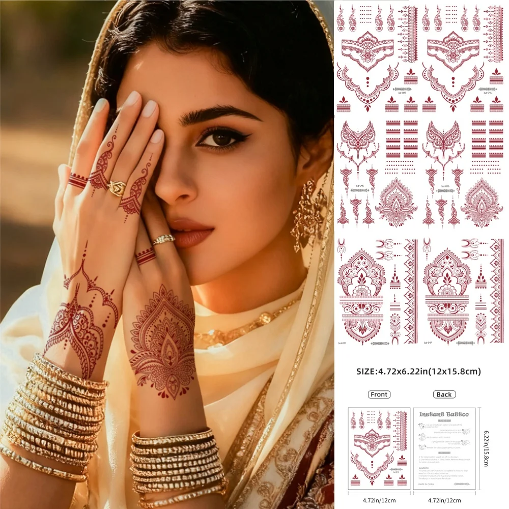 6 أوراق تاتو حناء مؤقت مقاوم للماء للنساء والفتيات مثير لليد والقدم فن الجسم الهند زهرة حمراء تصميم ملصقات الجسم