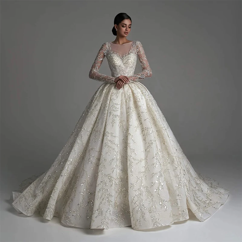Glitter Wedding Dress Organza With Embroidery Sequins Ballgown Full Sleeve O-Neck Customized Bride Dress Button Vestido De Novia
