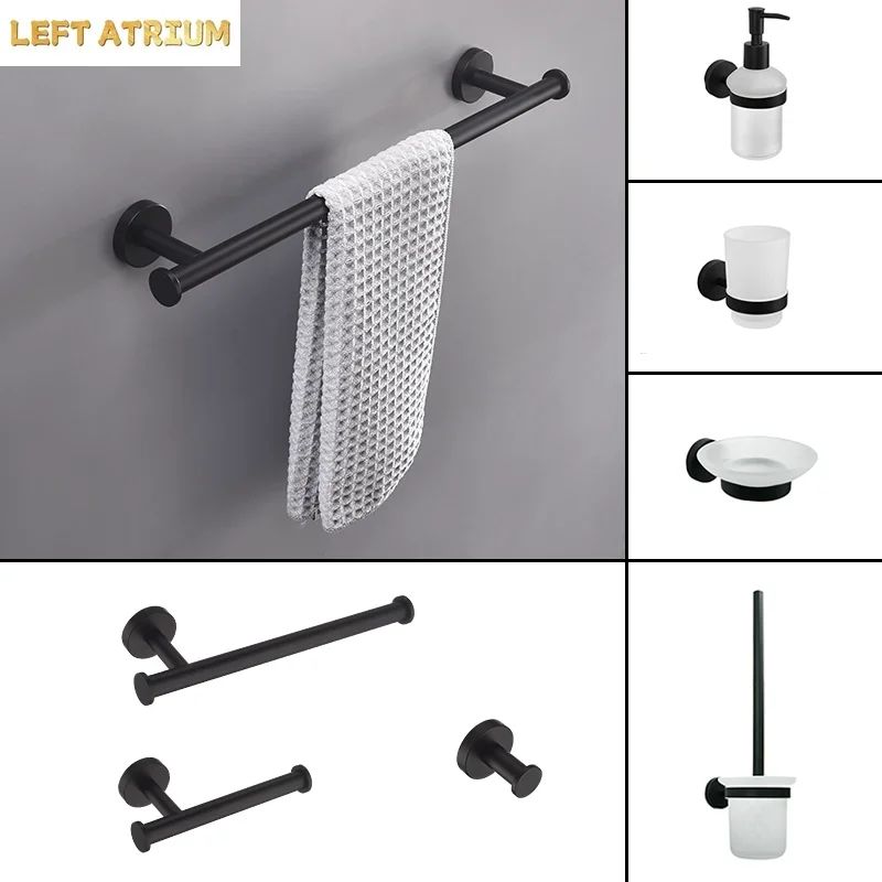 Matt Black Stainless Steel Multifunctional Towel Bar Toilet Paper Holder Towel Bar Hook Toilet Brush Bathroom Accessories