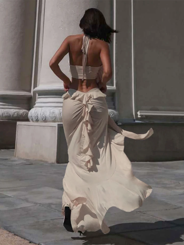 

Macheda Ruched Elegant 2 Piece Set Women Halter Backless Irregular Camisole+Ruffles Split Maxi Skirt Matching Street Fashion Set