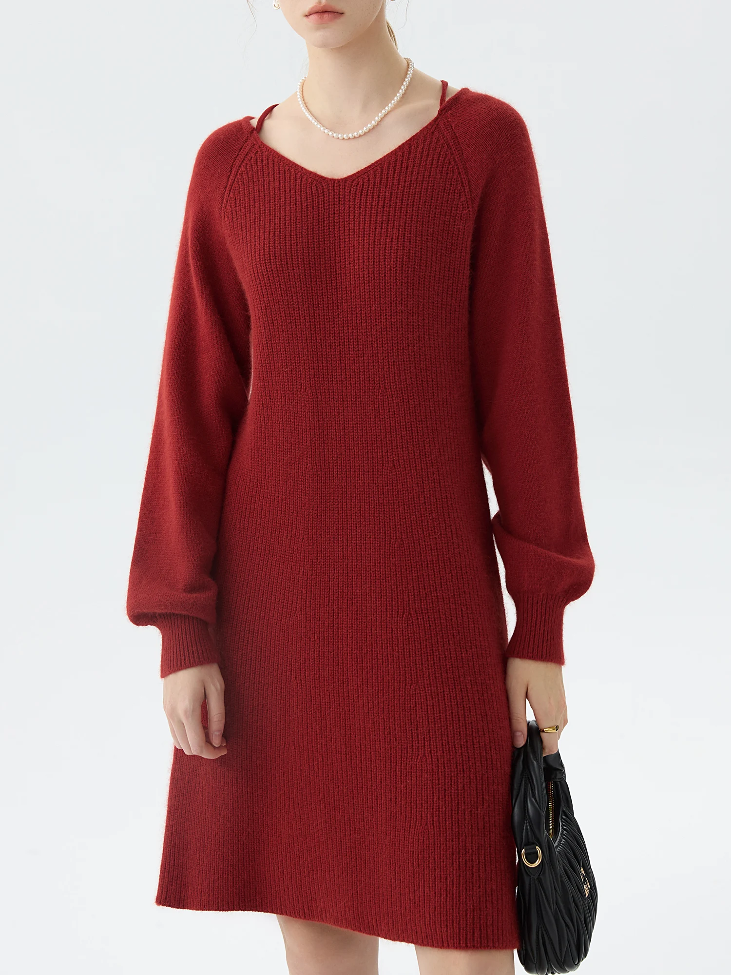 FSLE 8% Sheep Wool V-neck Red Elegant Sweet Style Knitted Dress For Women 2024 Winter New Design  Long Sleeves Dress 24FS14372
