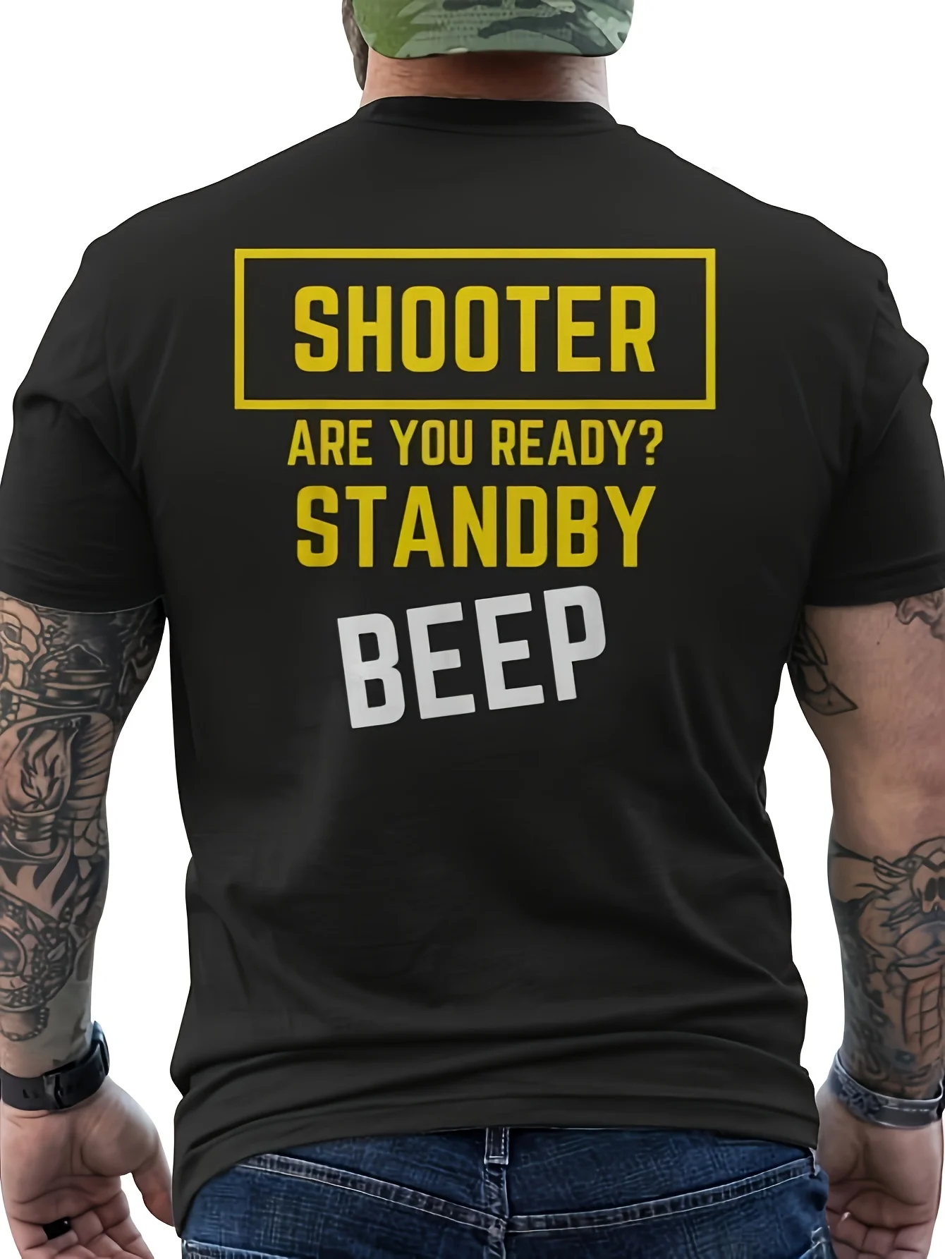Men's Fun Shooting Sports T-Shirt with Are You Ready Standby BEEP Back Print IPSC Competition T-Shirt Black