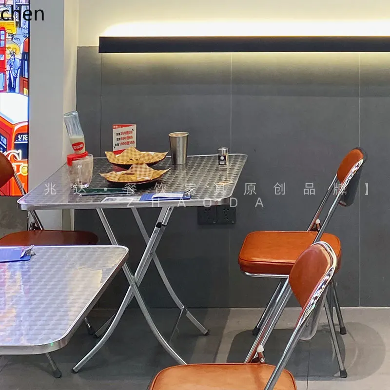 Hot Pot Restaurant Folding Table and Chairs Stainless Steel Dining Table Modern Theme Restaurant Square Table Folding Chair