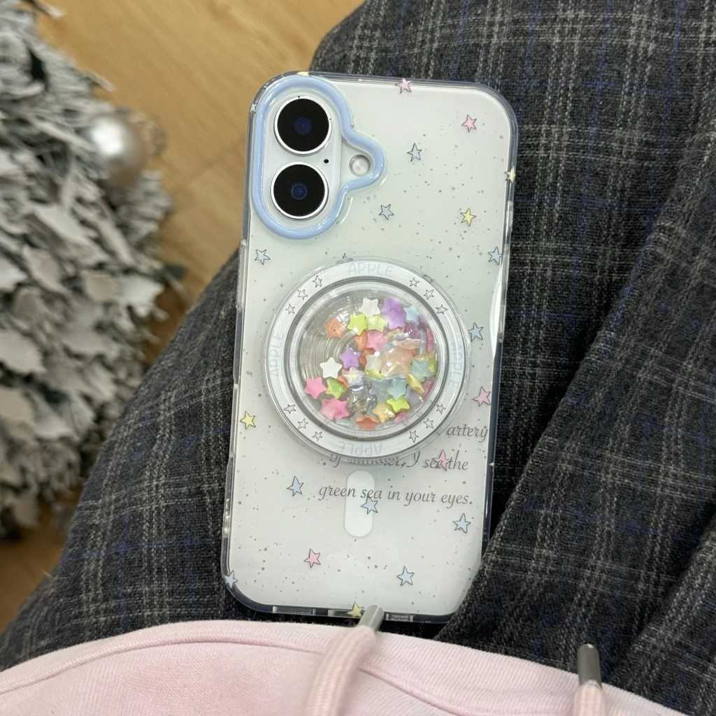 Full Screen Ink Dots Colorful Stars With Holder Magnetic Wireless Charging Phone Cover Case for iPhone 16 15 14 13 12 Pro Max