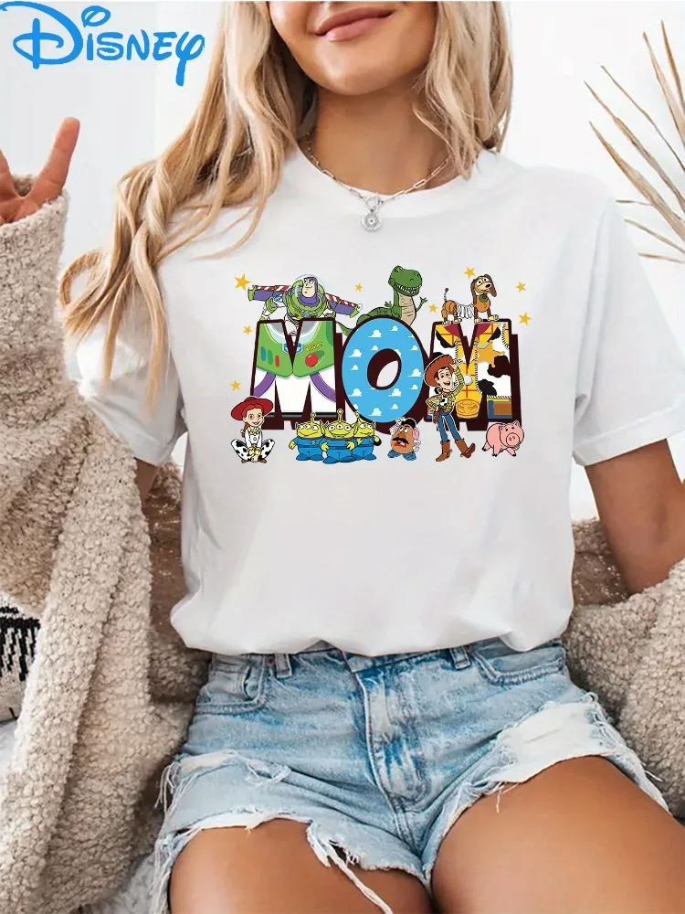 

Женская футболка для мамы «История игрушек Диснея» Вуди и Базз Лайтер, топ с короткими рукавами, красочный принт с персонажами, повседневная повседневная одежда