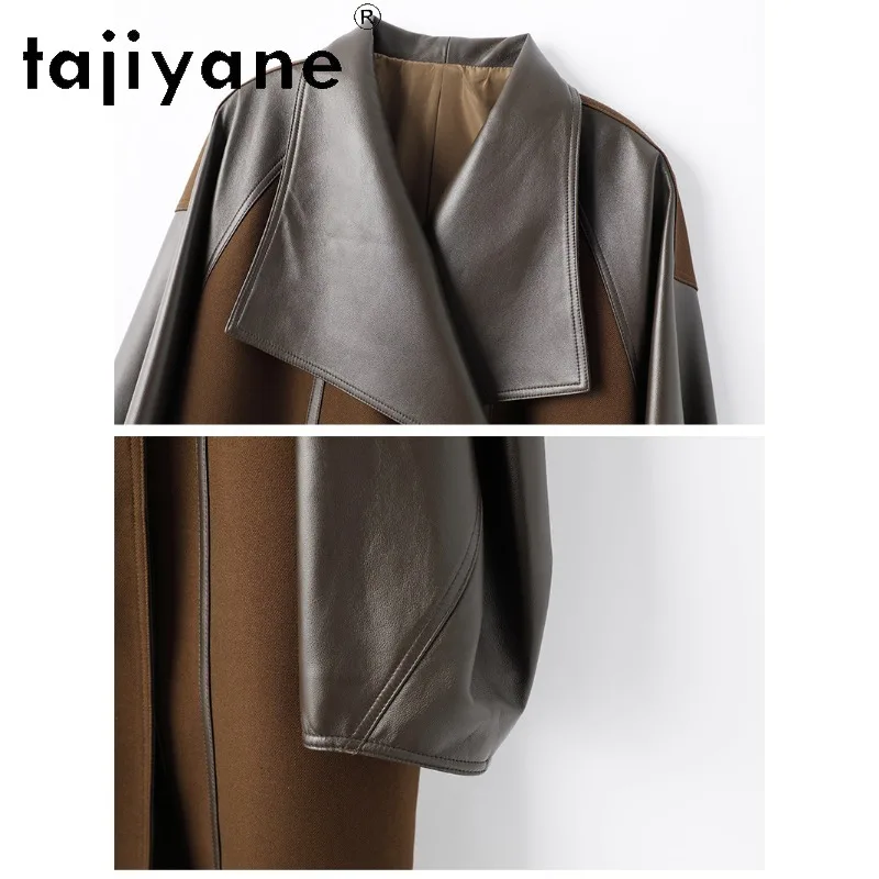 TAJIYANE Genuine sheepskin spliced tencel‑wool Leather Jacket Women Mid‑Length Trench Coat thin Jackets Oversized Outerwear 2026