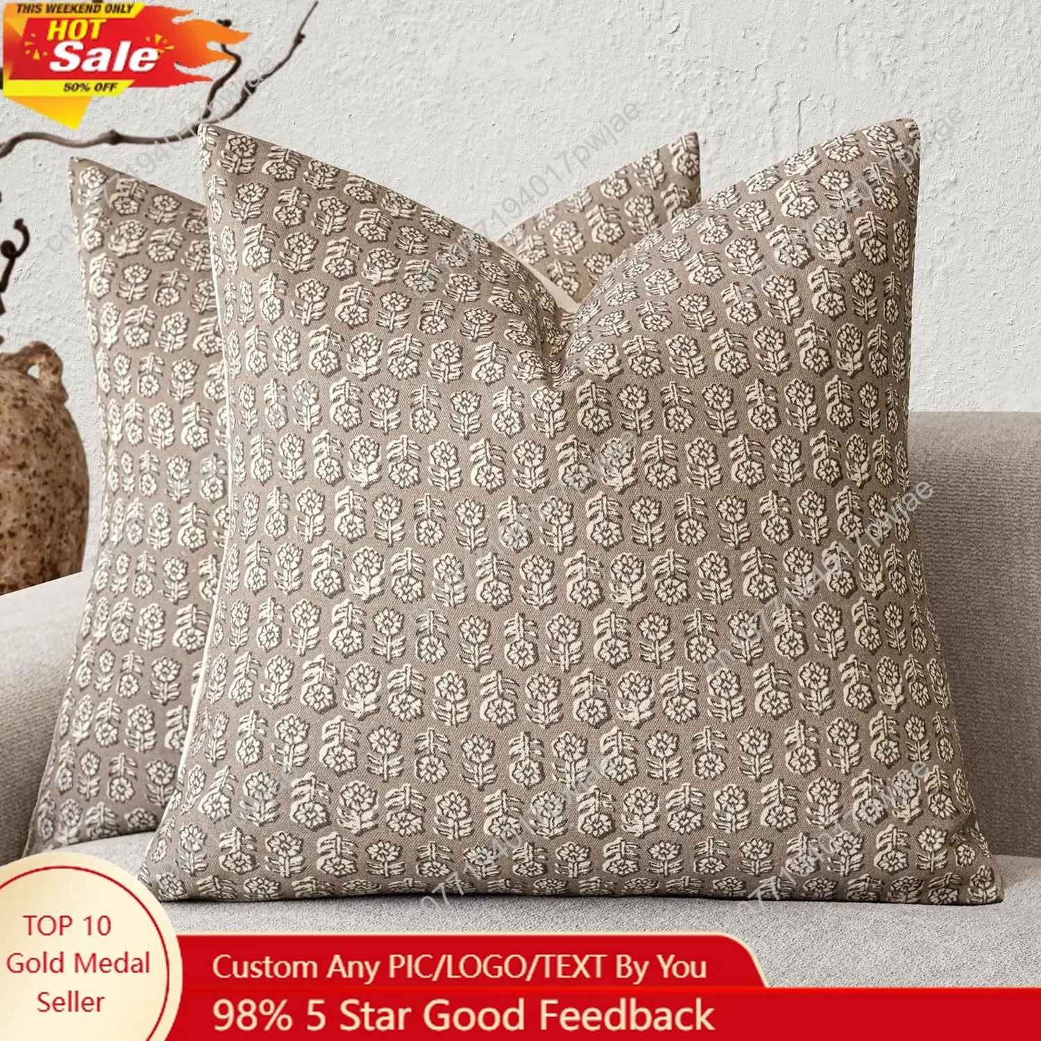 

Foindtower Set of 2 Decorative Neutral Floral Print Throw Pillow Covers Vintage Accent Farmhouse Cushion Covers Boho Home Decor