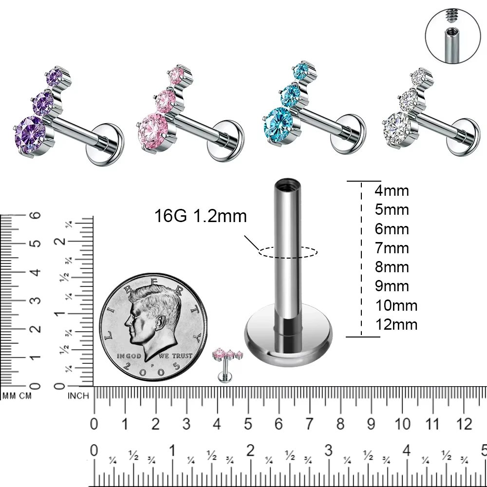 G23 Titanium 16G Zircon Ear Stud Internal Thread Labret Stud Helix Cartilage Tragus Conch Flatback Earlobe Piercing Jewelry New