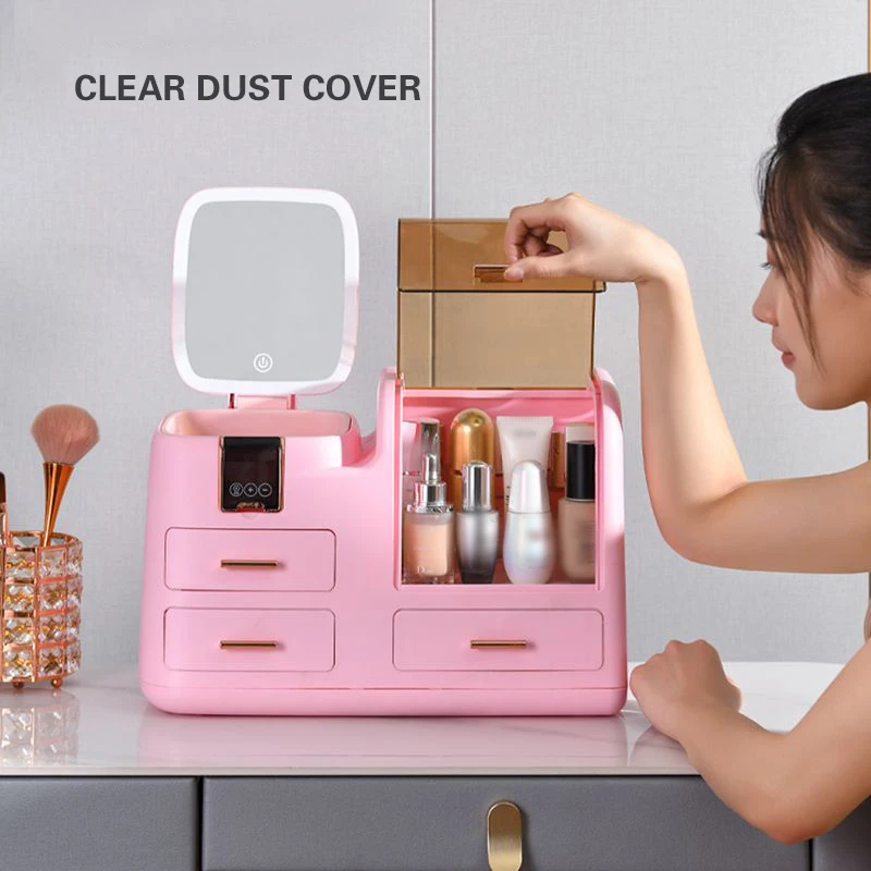 Cosmetic Storage Box with Mirror Desktop Dressing Table Integrated Storage Rack Dustproof Large Capacity Skincare Storage Box