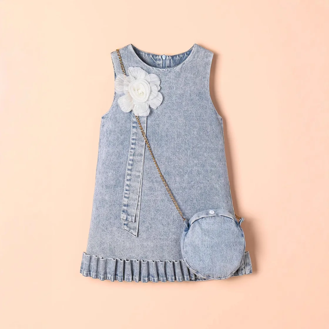 Summer Korean version  girls sleeveless three-dimensional flowers denim dress with bag middle child two-piece set 4-7Y