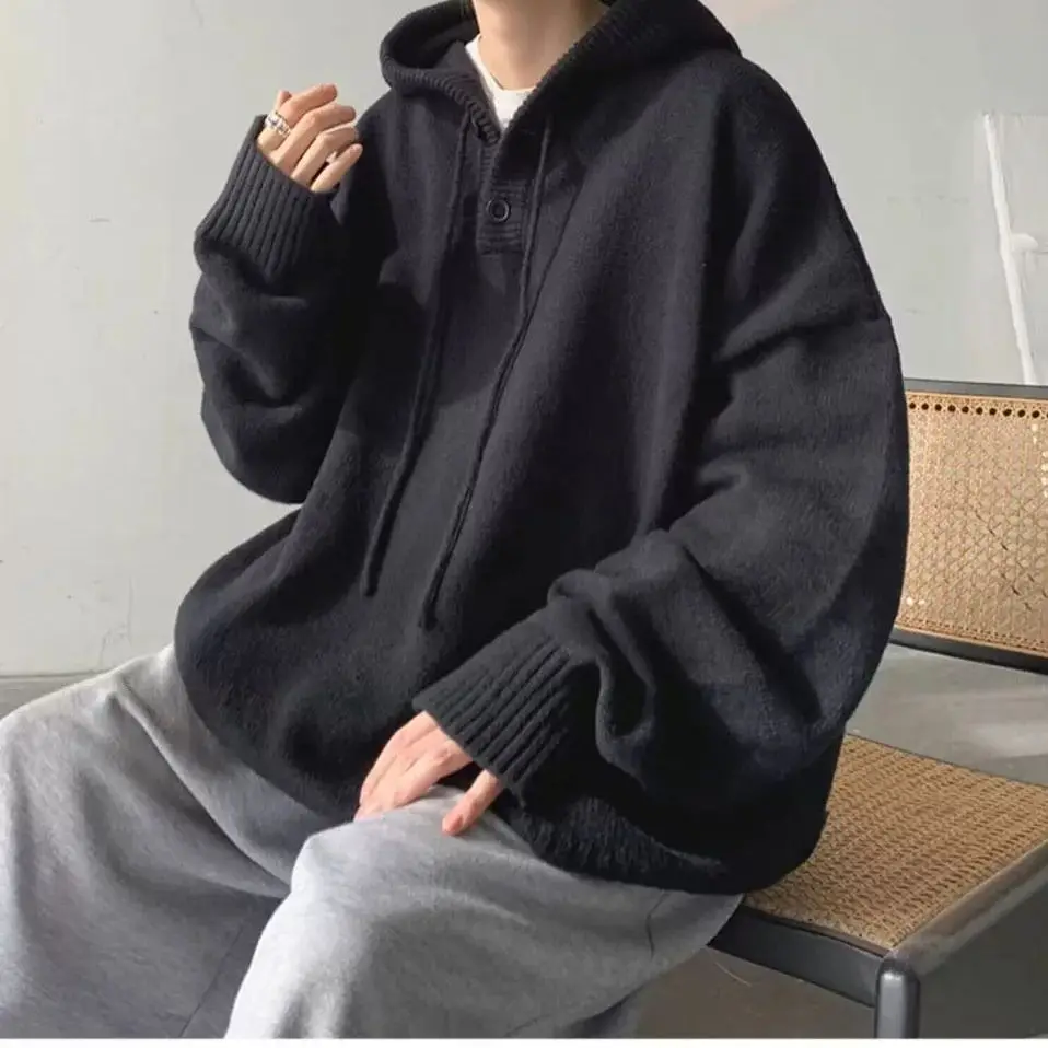 Lazy Japanese Retro Hooded Sweater Autumn Winter Loose Cardigan Jacket Casual Premium Knit Sweater Men Warm