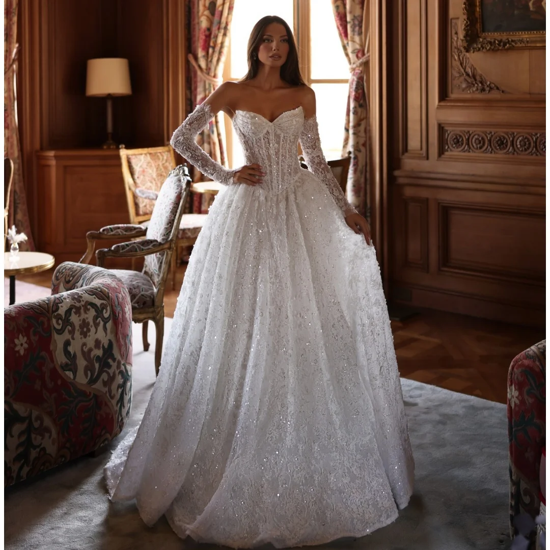

Sparkly White Wedding Dresses Lace Sequined Bustier Corset Bridal Gown with Gloves Exquisite robe de mariée Customized