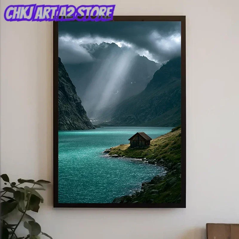 Mountain Lake Cabin Sky Rays Nature Landscape Poster and Prints Canvas Painting Wall Art Pictures Home Decor Cuadros